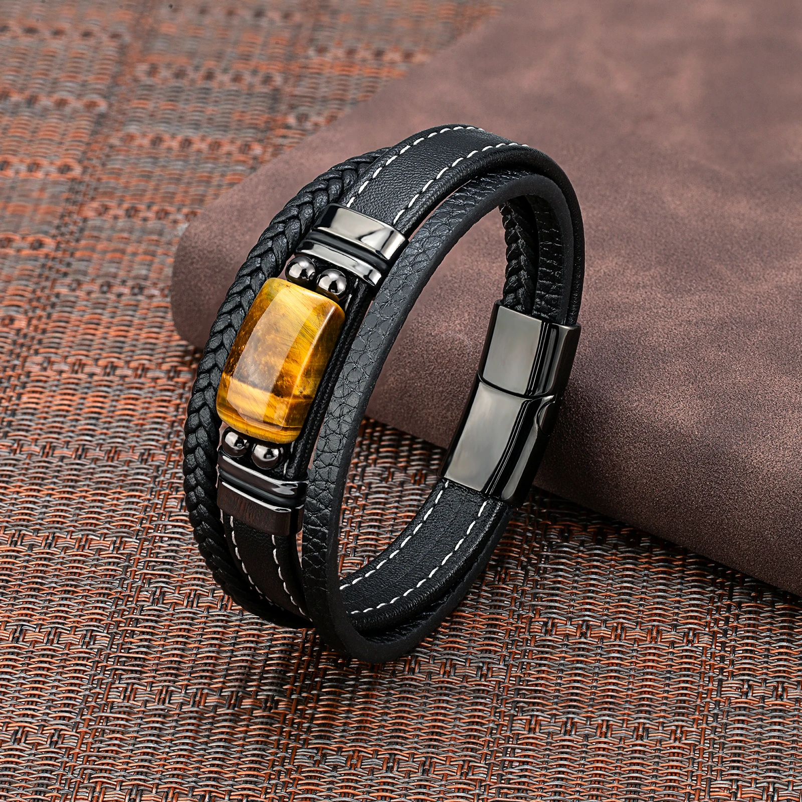New Vintage Wind Large Semicircle Natural Tiger Eye Stainless Steel Casual Collocation 3-Layer Black Leather Rope Mens Bracelet