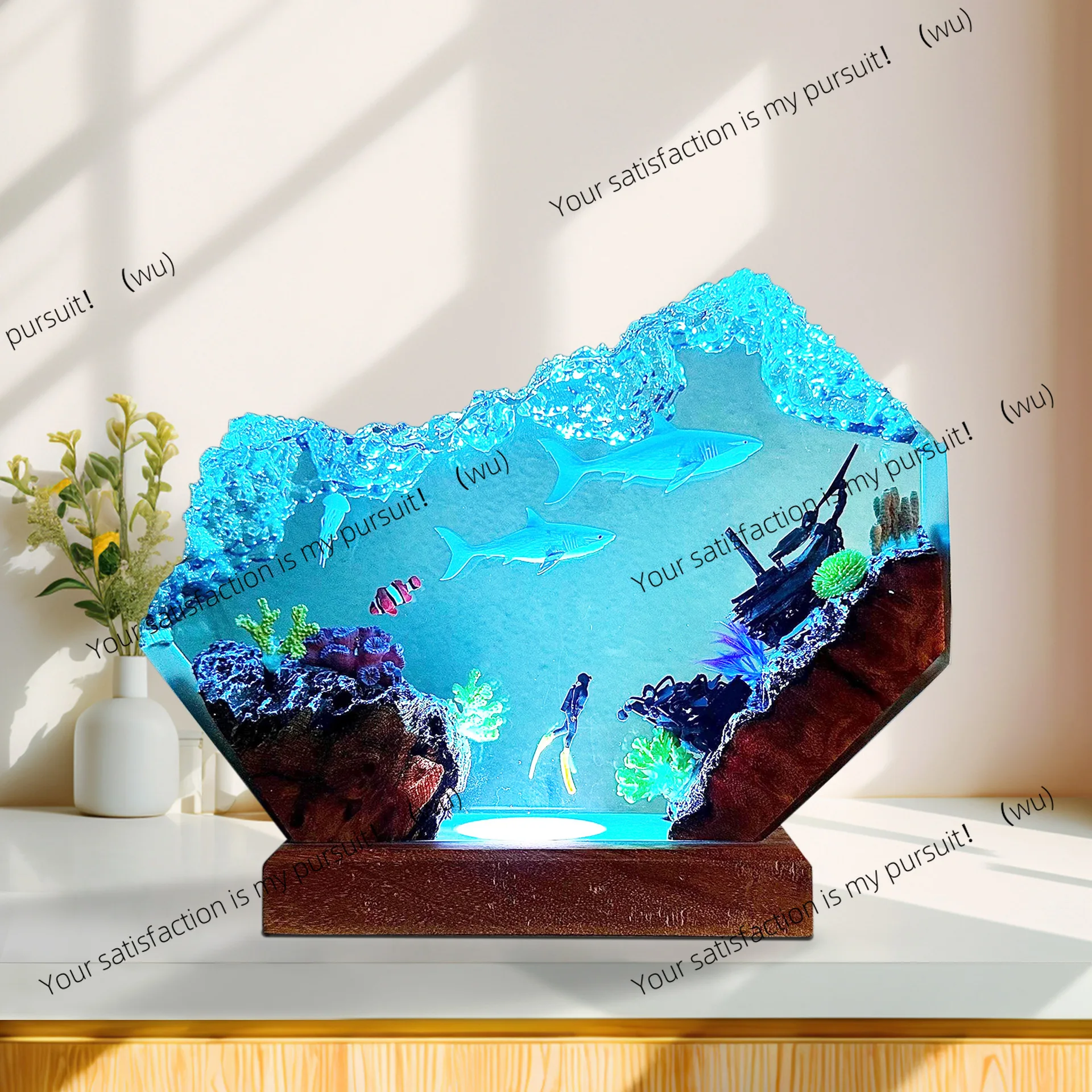 For Mom Mother's Day Great White Shark Diver Epoxy Resin Night Light Ocean Theme Desk Lamp Home Decoration Present