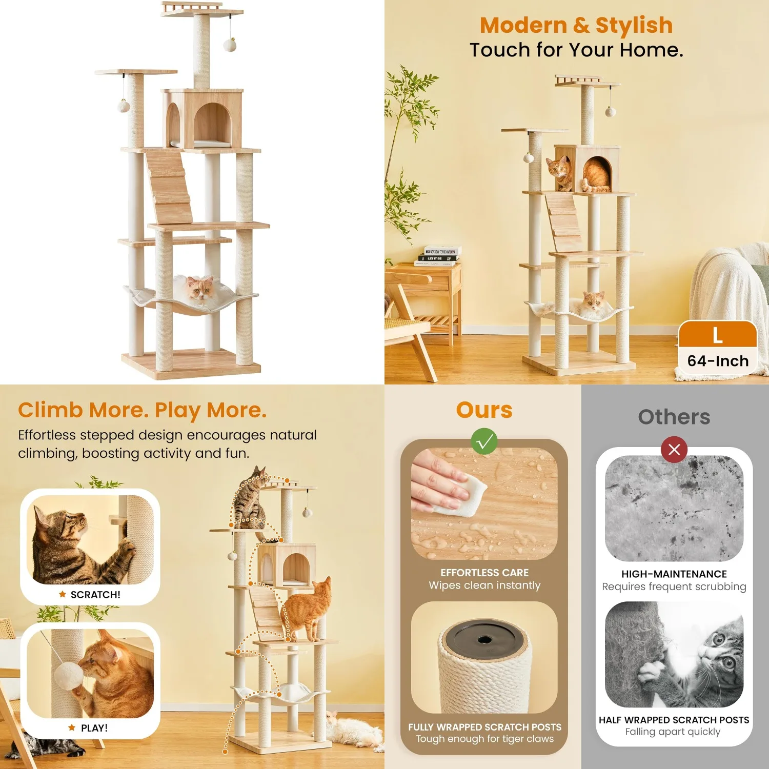 

Modern Cat Tree - 64 inch Cat Tower for Indoor Cats, Multi-Level Cat Condo with 7 Fully Wrapped Scratching Posts, 2, Customized