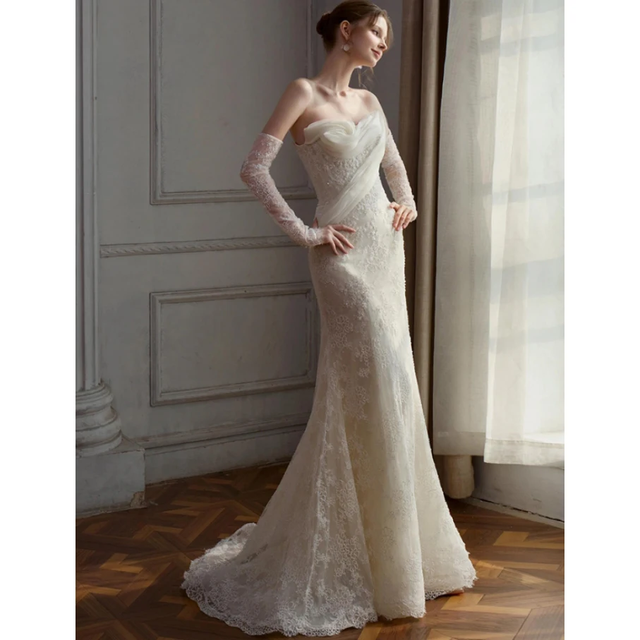 

Mermaid Wedding Dress 2025 Ivory Bridal Gowns Lace Applique with crystal Beads Zipper Back Sweep Train Wedding Gowns