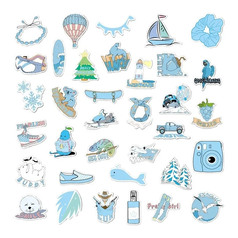 1Set = 35pcs Blue Small Fresh Vsco Sticker Personalized Doodle Suitcase Waterproof Sticker
