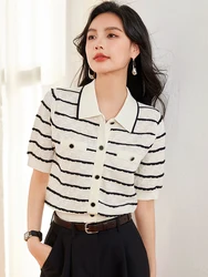 Striped Knitted Cardigan Sweater Women Short Sleeve Single-breasted Tops Jumpers 2024 Spring Stylish Fashion Chic Outwear