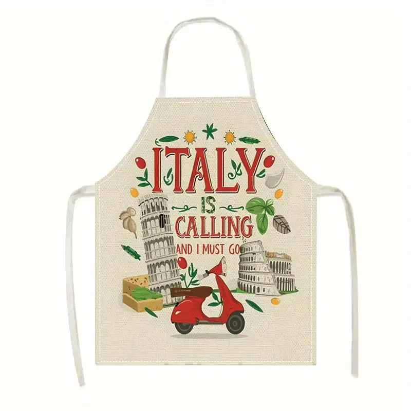 2D Flat Linen Apron Italy Travel Theme Kitchen Cooking Baking Chef Pizza Pasta Making BBQ Work Bib Apron For Women Men
