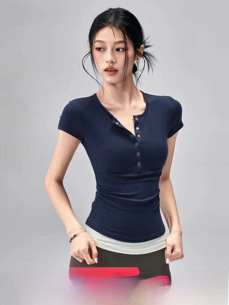 

Fitness Girl Yoga Clothes Short Sleeve Henry Top Slimming Running Pilates Training Sports Upper Body Summer Collection