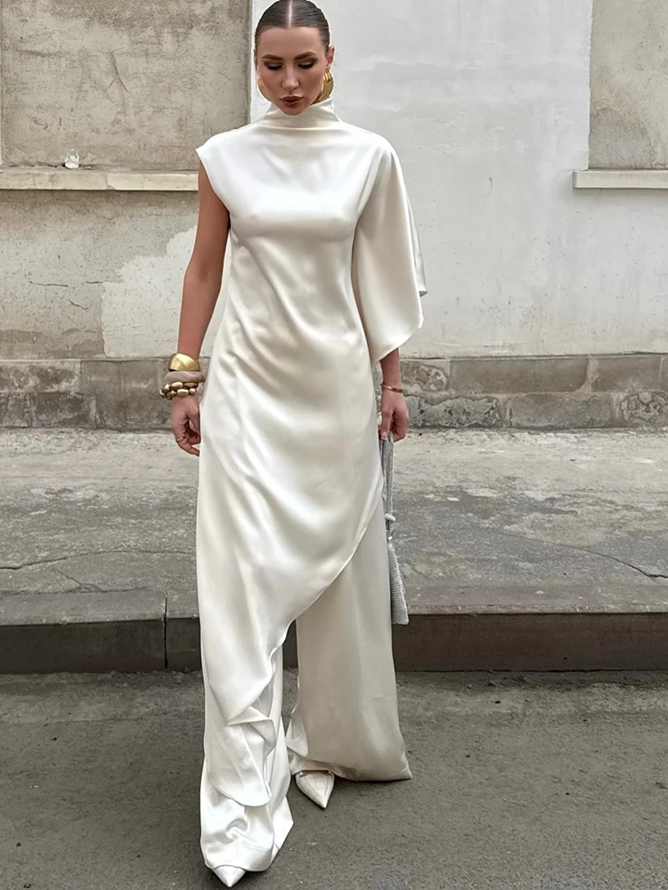 JULISSA MO 새틴 불규칙한 터틀넥 여성 미디 드레스 화이트 망토 슬리브 하이 웨이스트 드레스 여성 가을 ​​슬림 우아한 streetwear