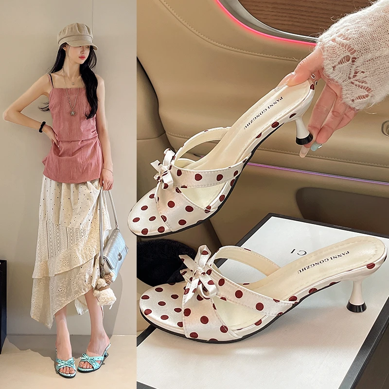 

French Polka Dot Bow Thin Heel Sandals for Women 2026 New Gentle High Heel Slip-On Shoes
