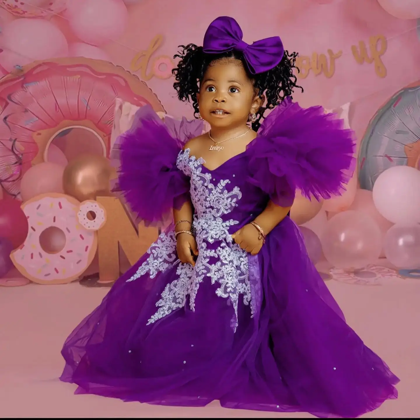Cswdocy V Neck Kids Birthday Dresses Ruffles Sleeve Lace Flower Girl Dresses for Wedding Party Girls Prom Gowns for Photoshoot