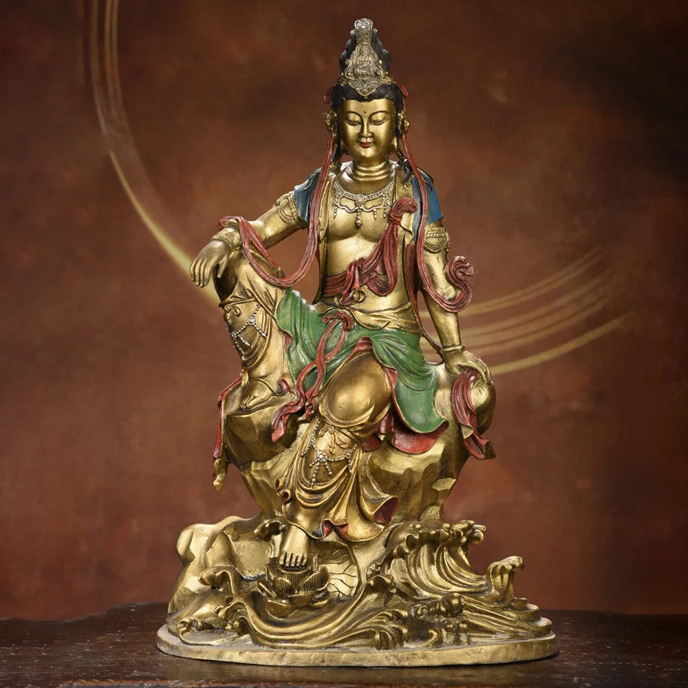 Free Spirited Guanyin Brass Buddha Statue Pure Copper Gilt Painted Handmade Antique Home Altar Decor