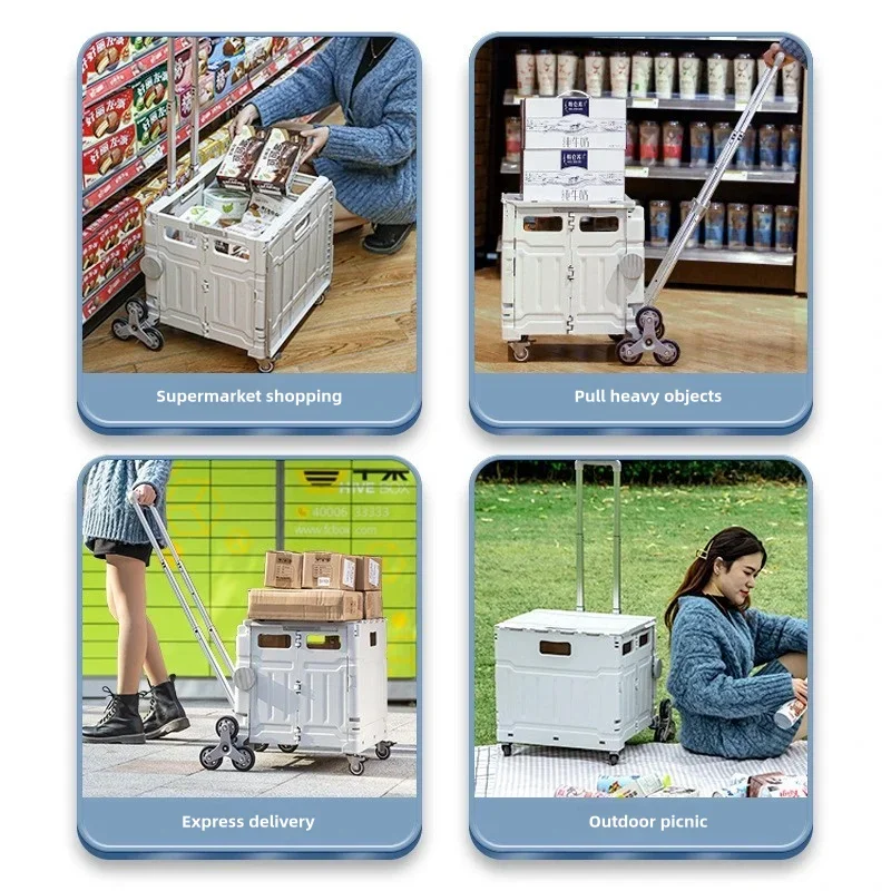 Plastic Heavy Duty Stair Climbing Foldable Shopping Cart 8 Wheel Camping Folding Hand Trolley For Storage