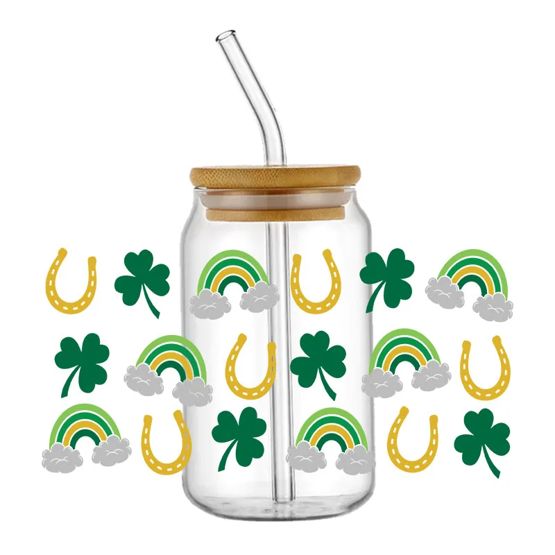 Shamrock Leopard ST patricks Day CAN Glass สำหรับห่อถ้วยขนาด16ออนซ์สติกเกอร์ลอกลายป้ายสั่งทำกันน้ำกาวในตัวโลโก้ DIY