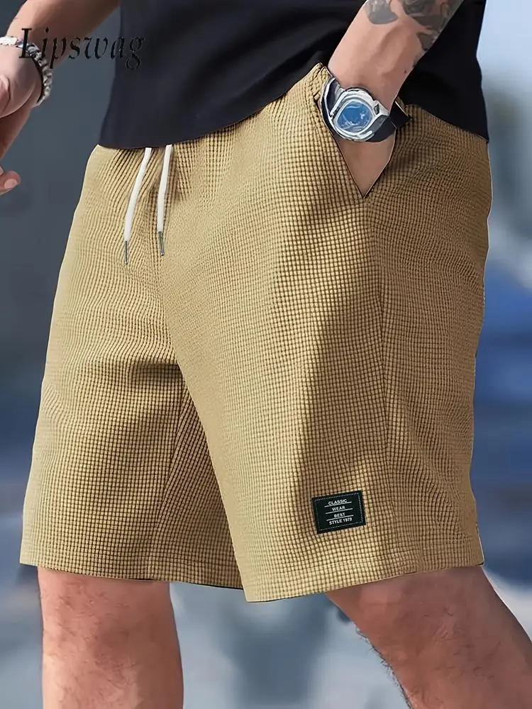 

2026 Spring Summer Outdoor Casual Mens Shorts Vacation Seaside Beach Loose Bottoms Men Vintage Waffle Plaid Textured Short Pant