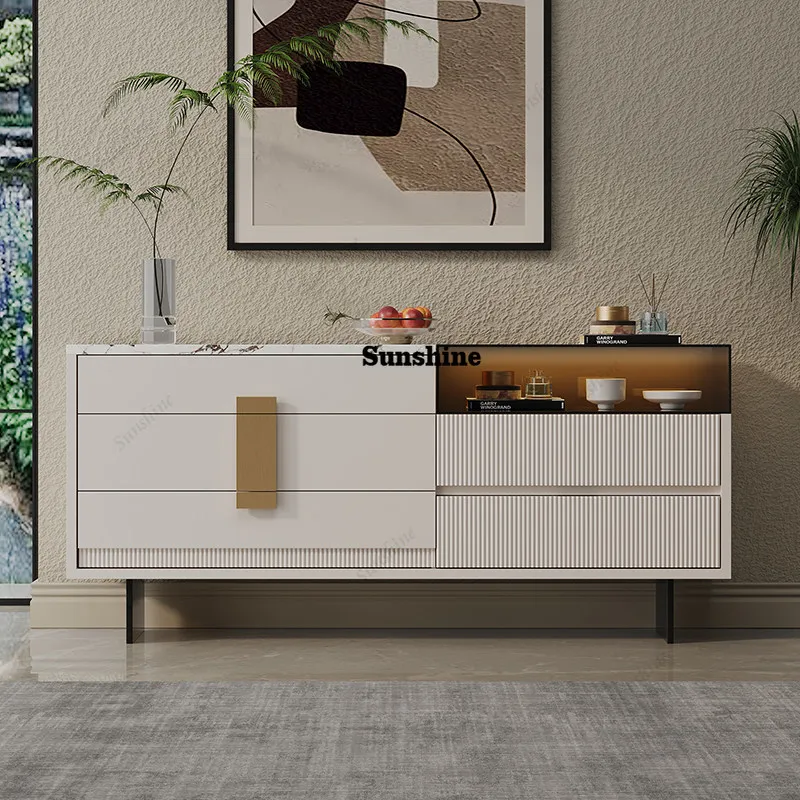 

Italian light luxury marble dining side cabinet, modern living room glass with lamp cabinet