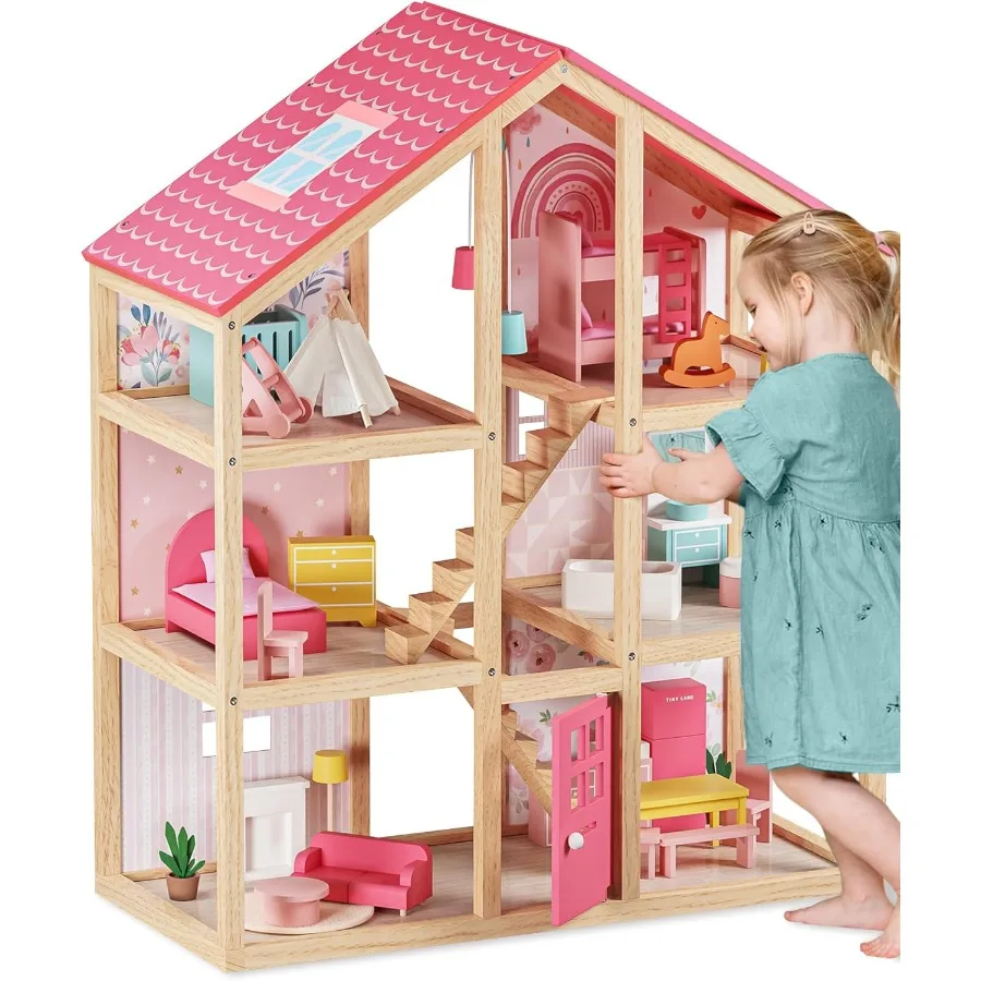 

Wooden Dollhouse for Girls - 6 Rooms Wooden Doll House, DIY Pretend Doll House with 31Pcs Furniture Accessories, Creative Gift f