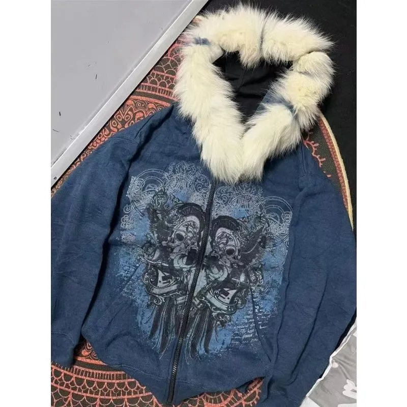 

2025 New fur navy blue skull pattern women men hoodies Y2K American high street Gothic casual jacket fashion retro sweatshirt