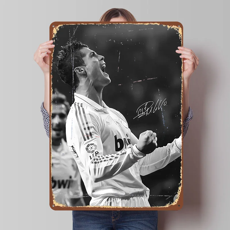 Messi Soccer Ronaldo Printed Poster Customized Wall Art Retro Vintage Metal Tin Signs for Home Apartment Decoration Room Decor