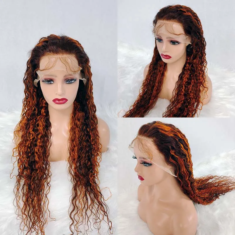 

32Inch Ginger Highlight Ombre 4/350 Lace Front Colored Human Hair Wigs Full Lace Frontal 13x4 Water Wave Curly Human Hair Wig