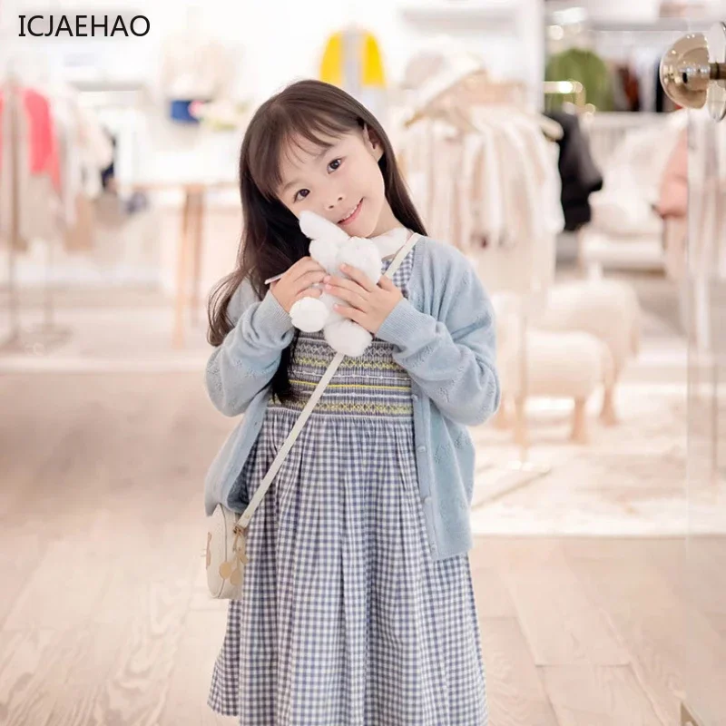 ICJAEHAO 2024 Kids Wool Korean Knitwear Girls Cherry Cardigan Lake Blue Long Sleeve Sweaters Autumn Children Clothing Outerwear