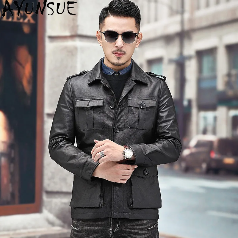 

AYUNSUE Real Leather Jacket Men 2025 Winter Autumn Mens Clothes Top Layer Cowhide Motocycle Coat Single Breasted Jaqueta Couro