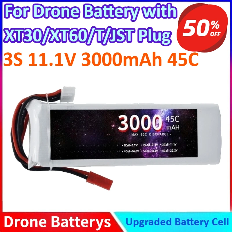 

3S Modle 11.1V 3000mAh 45C General-purpose LiPo Battery for Drone Quadcopter Racing Car Deans with XT30/XT60/T/JST Plug