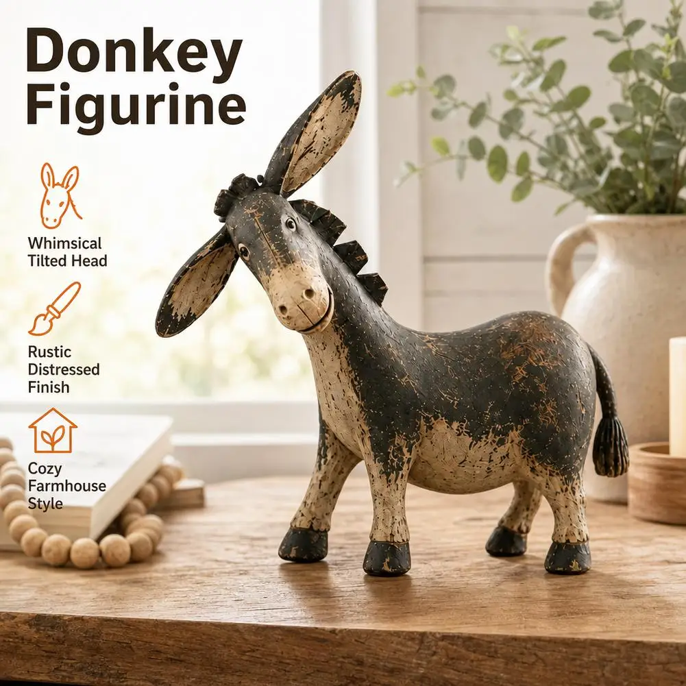 Rustic Donkey Figurine for Farmhouse Decor, Vintage Farm Tabletop Ornament Country Tabletop for Shelf Office Donkey Keepsake