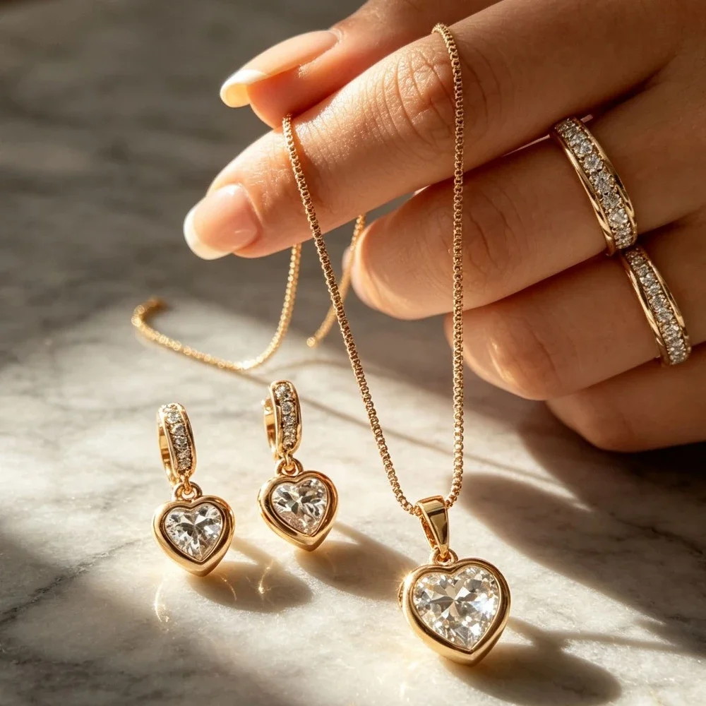 Women Heart CZ Stone Necklace Earrings Set Elegant Charm Pendant Jewelry Anniversary Gift for Women