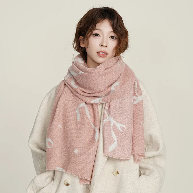 Elegant Ladies Cashmere Pashmina Autumn Winter New Thick Warmth Bow Print Shawl Coldproof Windproof Travel Blanket Scarf