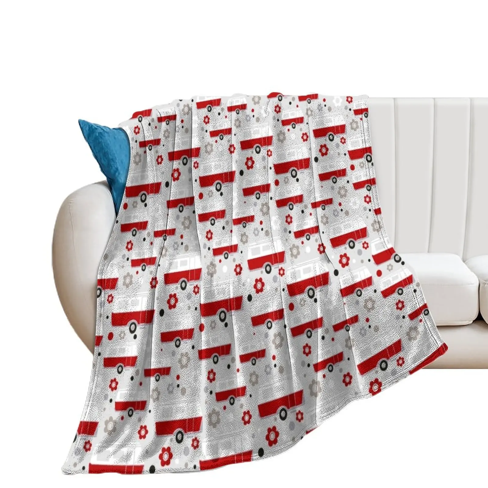 Vintage Caravan in Red, White and Grey Throw Blanket Beautifuls Thermals For Travel wednesday Blankets