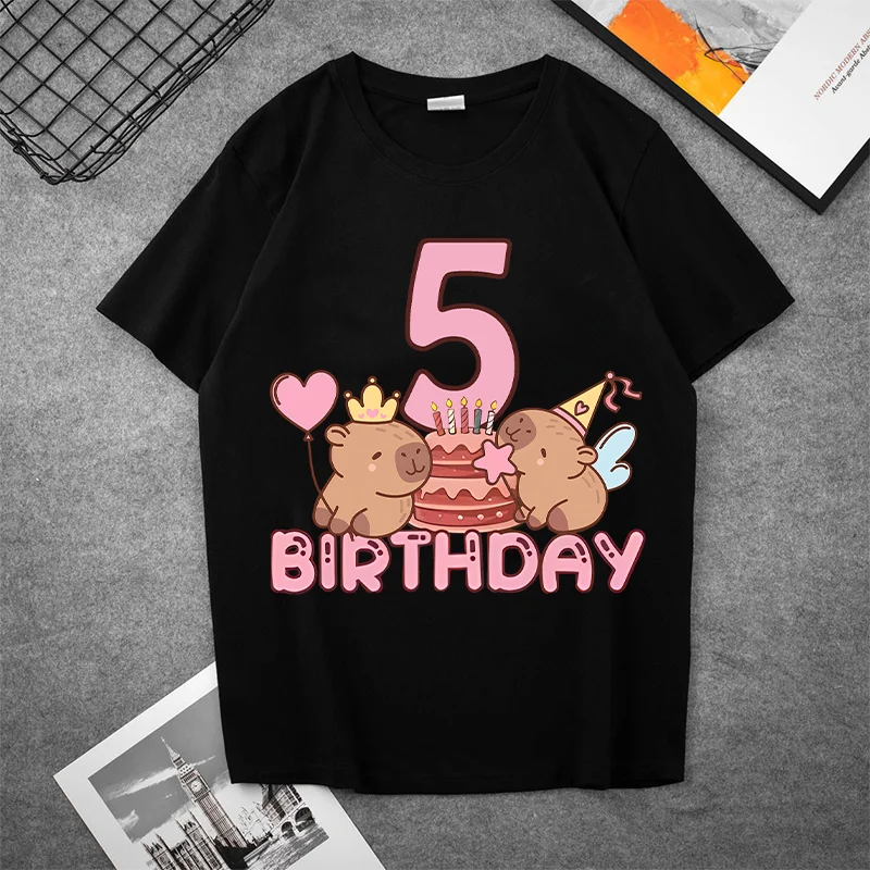 

Capybara Summer Short Sleeve Child Cotton Clothes Black T-shirt Tee Anime Top Cute Shirt Cartoon Casual Shirts Boy Girl Clothing