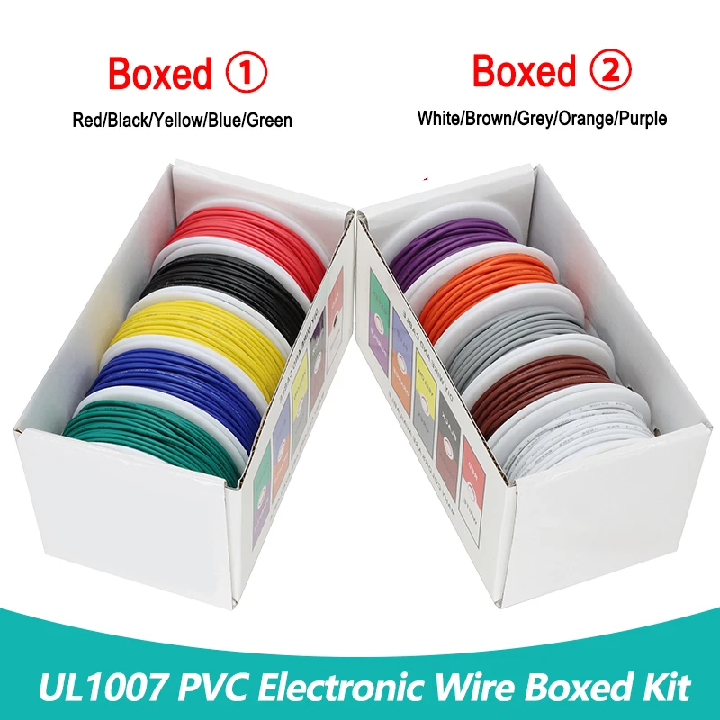 (5 Colors Mix Kit) UL1007 Wire PVC Insulation Tinned Copper Cable 30/28/26/24/22/20/18/16 AWG Stranded Electrical Line PCB Wire