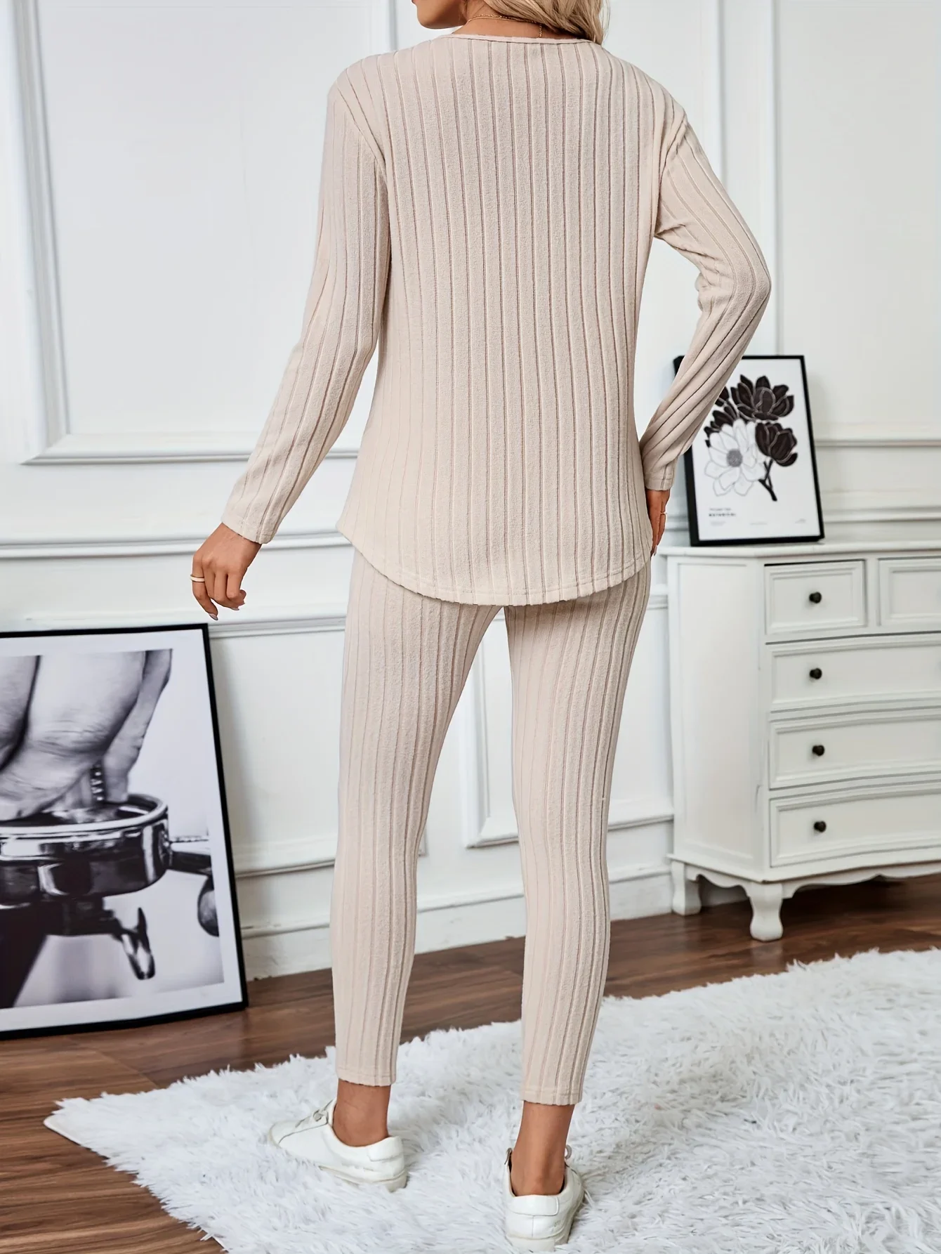 2024 AliExpress Spring New Slim Fit and Slimming Knitwear Long Sleeve Set Casual Home Two Piece Set for Women