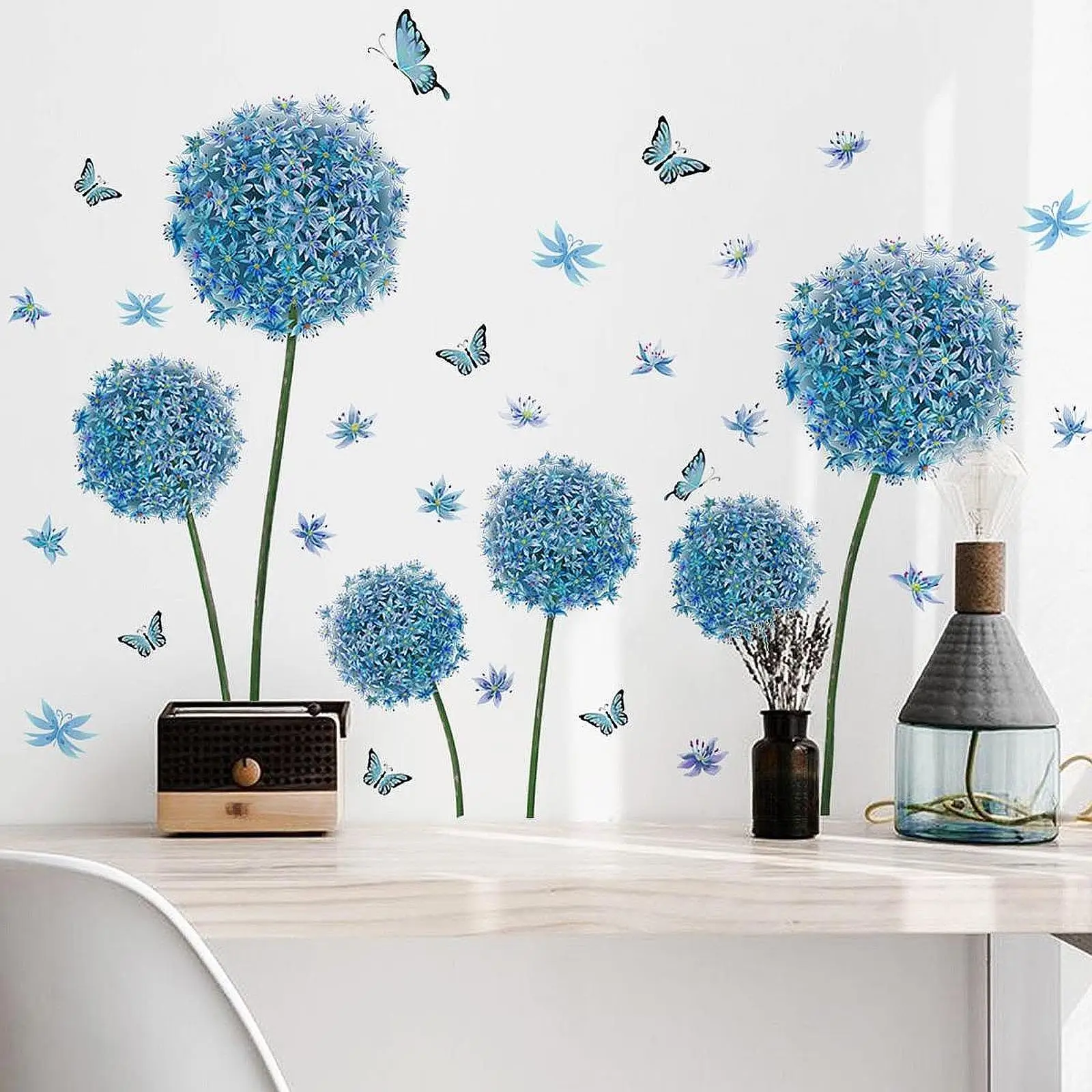 DIY Blue Dandelion Wall Sticker Decals Removable Hydrangea for Sofa Backdrop