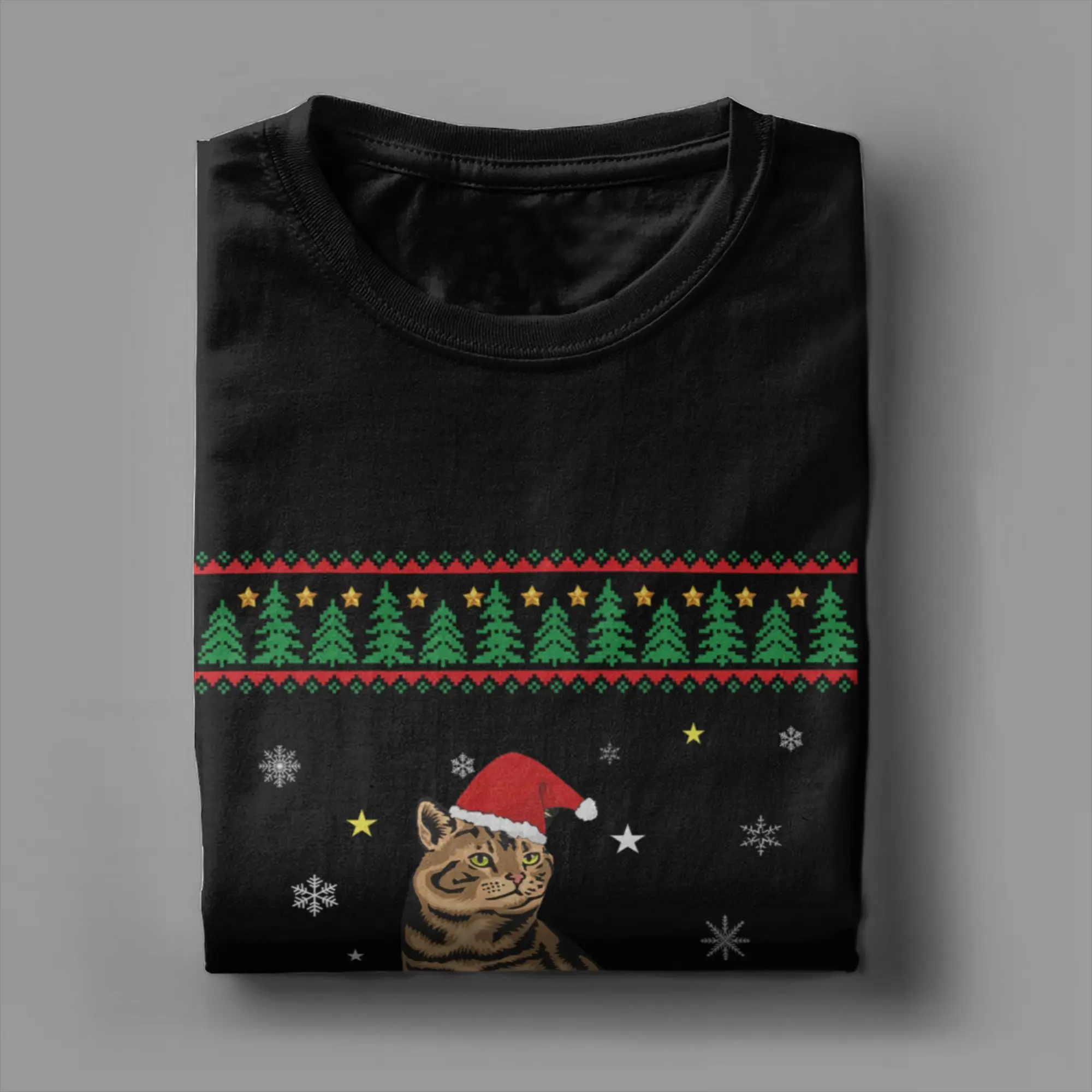 مضحك القط عشاق لطيف القط سانتا قبعة القبيح عيد الميلاد الرجال تي شيرت قصير الأكمام الياقة المستديرة تي شيرت ملابس قطنية نقية