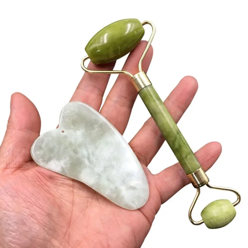 2 in 1 Natural Facial Massager Double Head Facial Roller for Face Care and Gua Sha Massage Tool Anti-aging Natural Jade Set