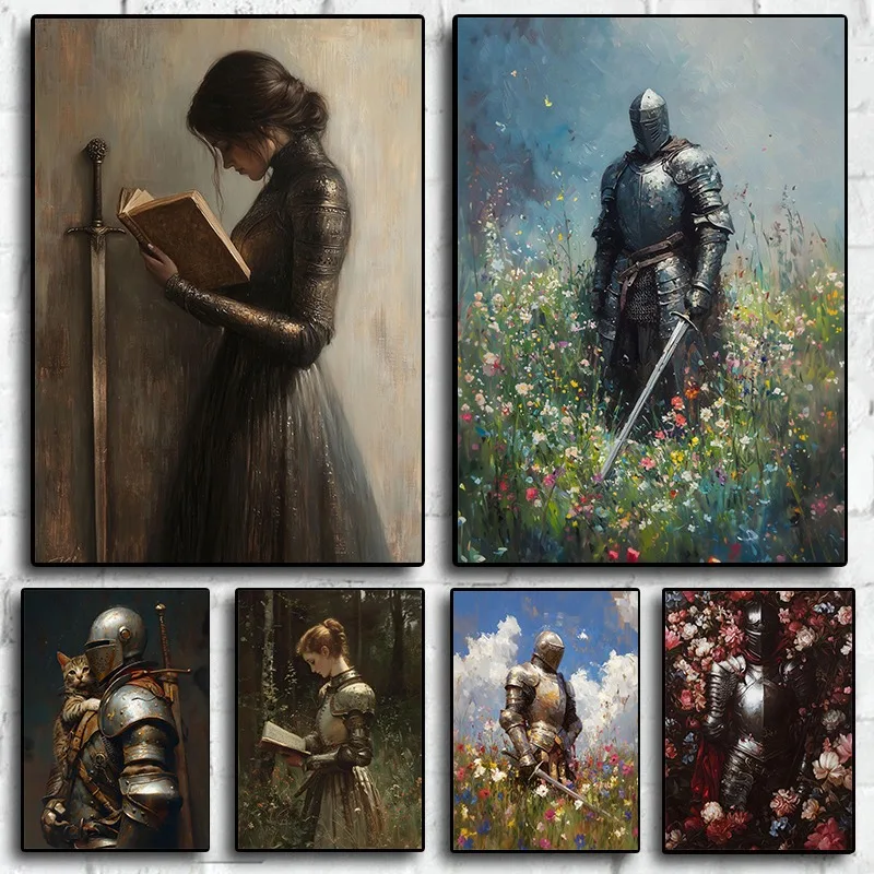 خمر الظلام الأكاديمية فارس القرون الوسطى في الزهرة البرية مرج الخيال السيف المشارك حائط لوح رسم الفن صور ديكور المنزل