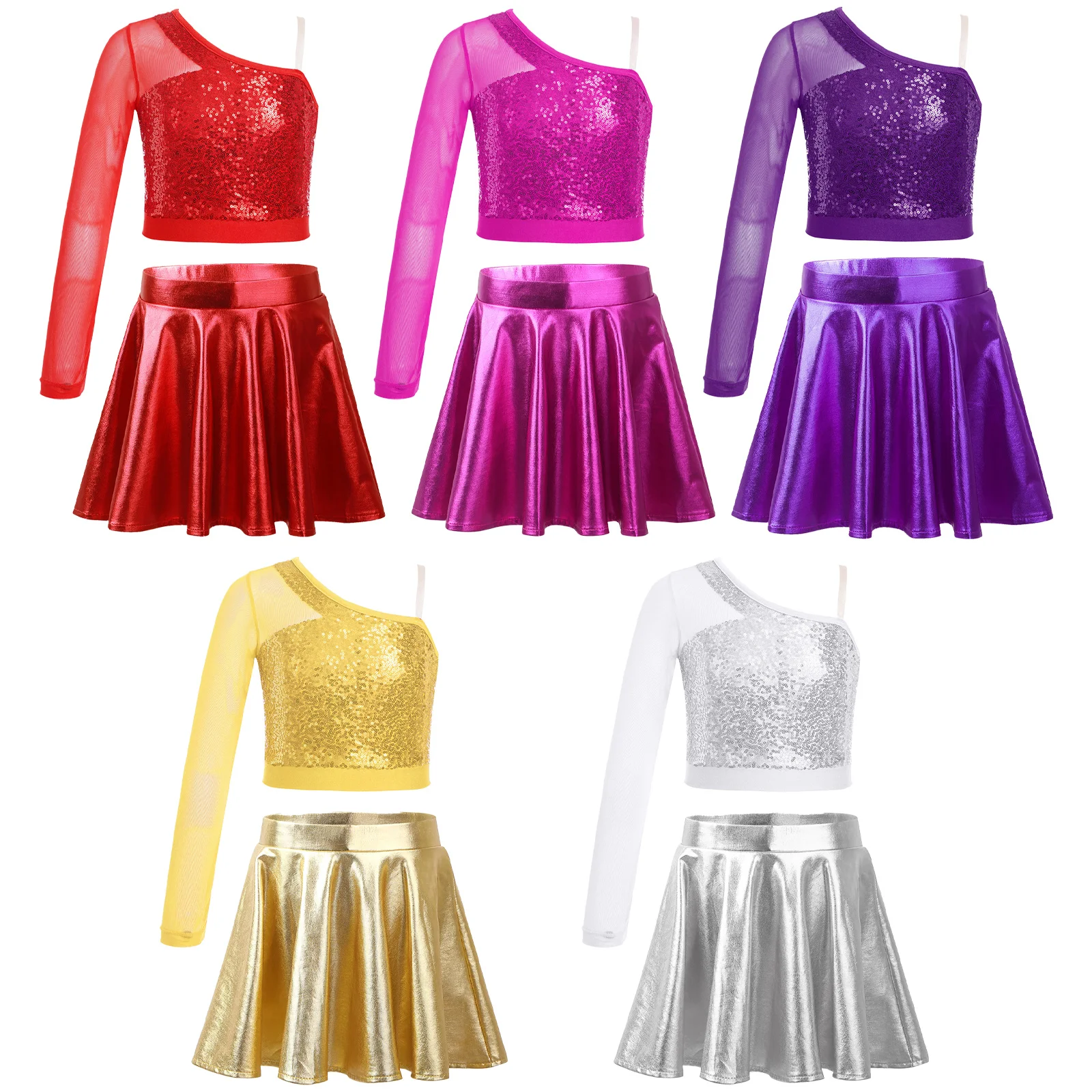 Kids Girls Dance Outfit Sparkly Sequins Dance Top Sheer Mesh Long Sleeve One Shoulder Crop Top with Metallic Flared Skirt