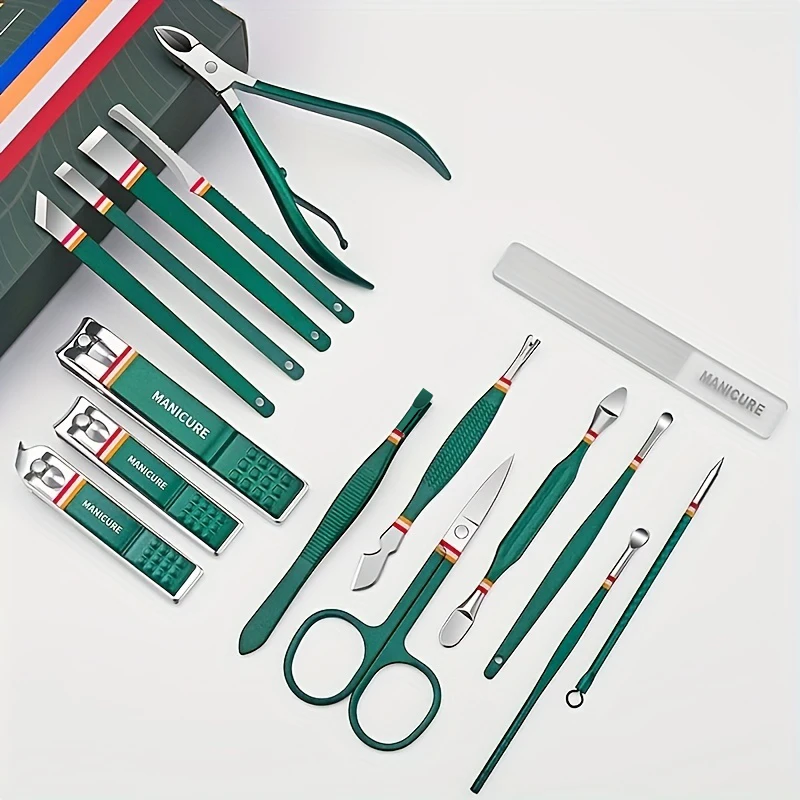 Portable Manicure Set 12/16PCS Stainless Steel Nail Clippers Scissors Cutters Foldable Bag Nail Care Grooming Kit
