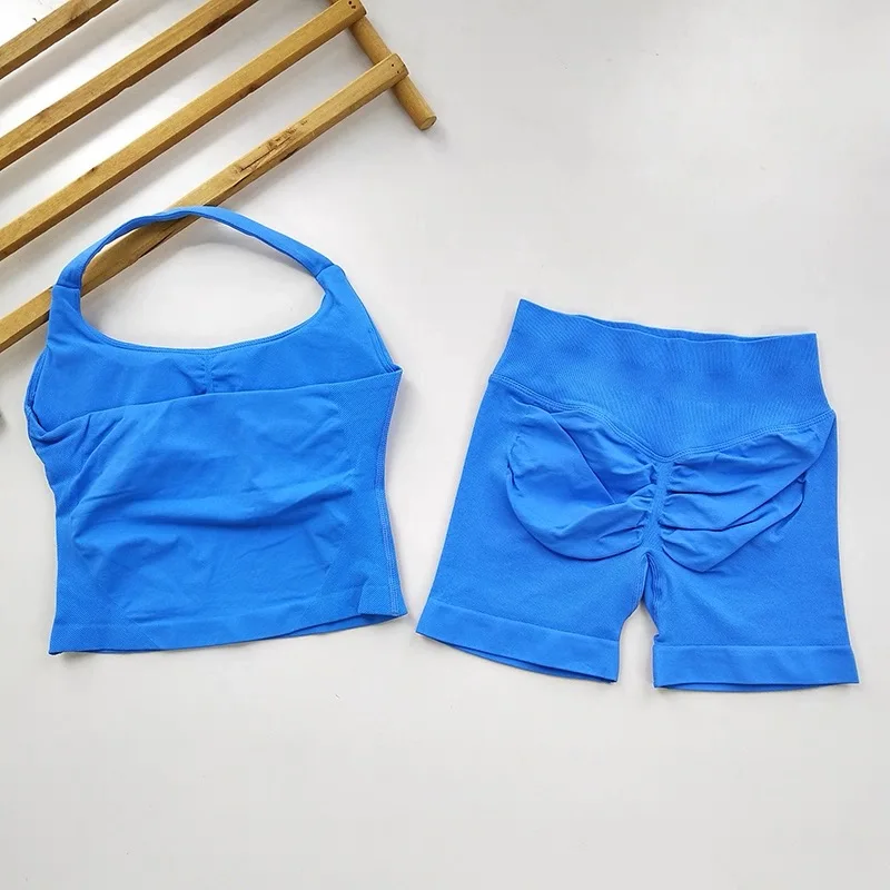 Halter-Neck Rückenfreies Yoga-Outfit Zweiteiliges Set für Damen, Push-Up Sport-BH + Hochgeschnittene Po-Formende Fitness-Shorts – Detail 18