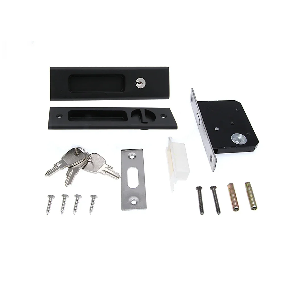6.3" Black Invisible Recessed Handle Latch with Keys Interior Pocket Door Lock Sliding Barn Door Lock Furniture Hardware