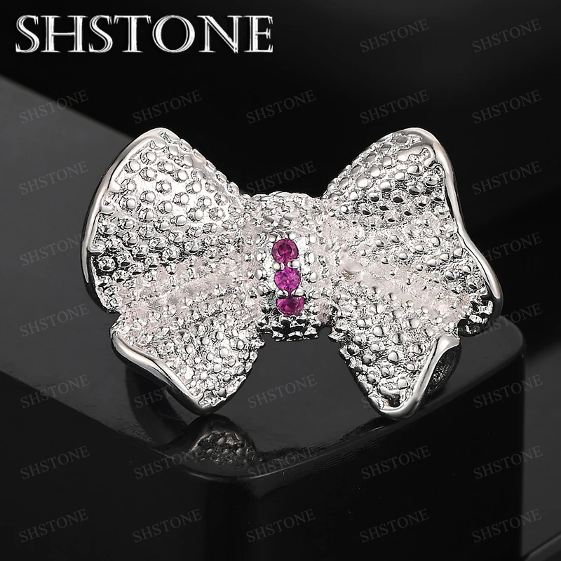 

Rose Red Zircon 925 Sterling Silver Bow Ring Women Charm Jewelry Wedding Engagement Party Birthday Gift Beautiful Accessories