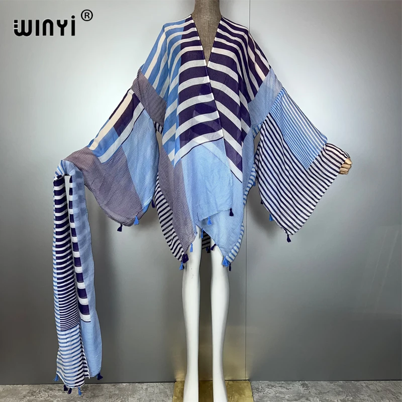WINYI Bohemian Kimono Strand Outfits Frauen Sommer Strand Cover Up Boho Cardigan Stich Selbst Gürtel Urlaub Langarm Print Mantel