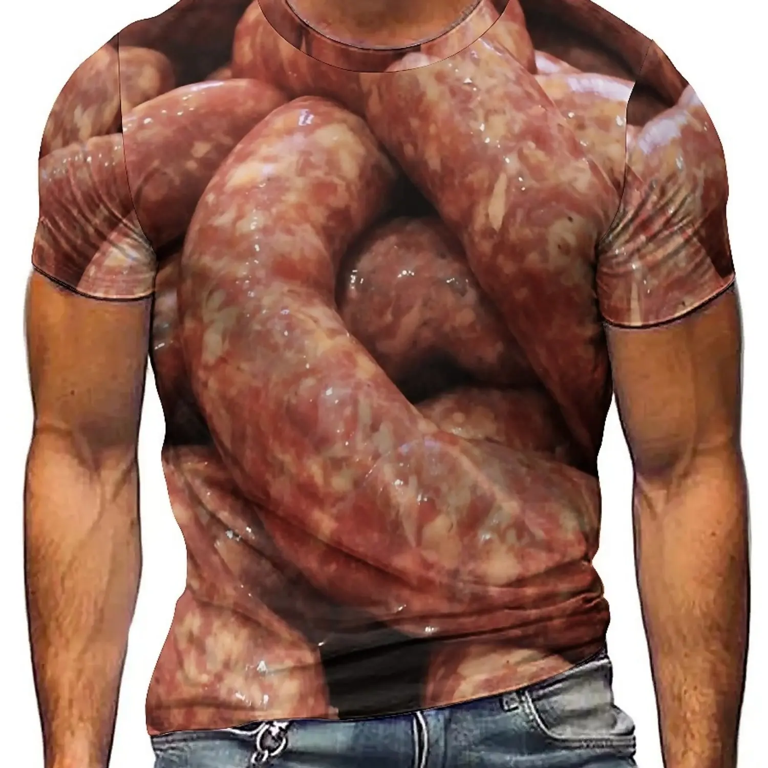 Men's Retro Y2K 3D Printed Grilled Sausages Graphic T-Shirt - Breathable Short Sleeve Round Neck Tee