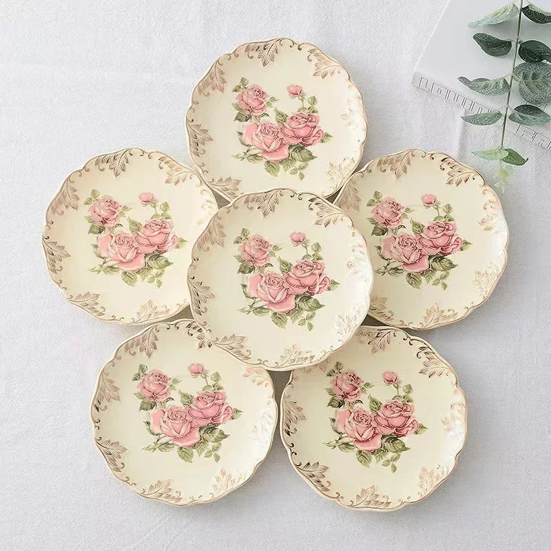 Vintage Coffee Cup Saucer Set Hand Painted Tea Cup Rose Flower Carving Craft Dishes and Plates Coffee Spoon Fruit Fork Tableware