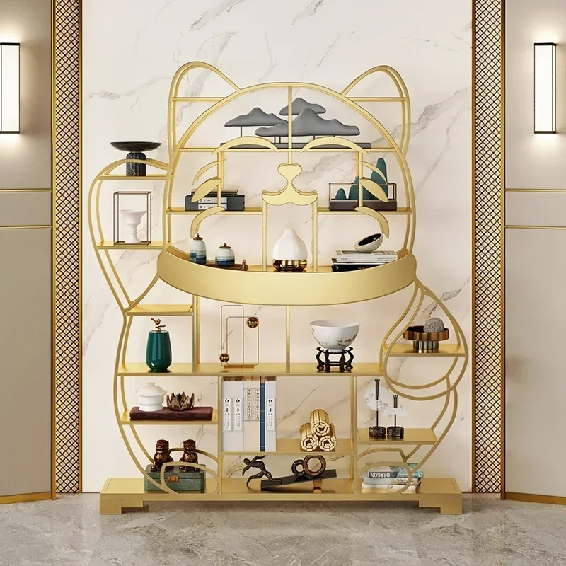 Nordic Gold Iron Living Room Storage Rack Multi-Layer Floor Bulkhead Bracket Bookshelf Light Luxury Lucky Cat Display Stand