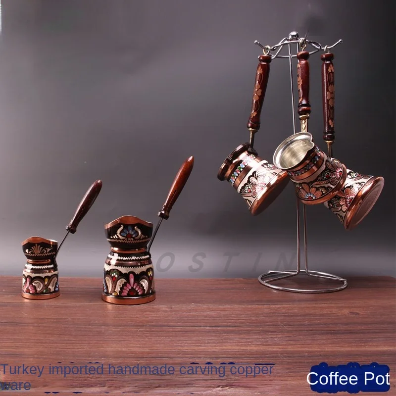 Turkish Coffee Pot Hand Carved Long Handle Pure Copper Kettle Turkish Coffee Sharing Pot Portable Coffee Maker