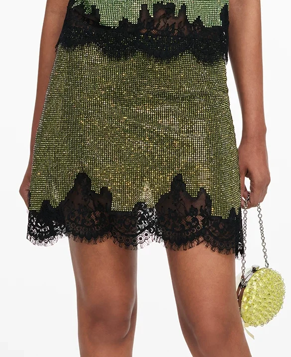 2026 Women Green Hot Diamond Decoration Set Sleeveless Square Collar Strap Tank Top+High Waist Mini Skirt Lace Splicing Suit