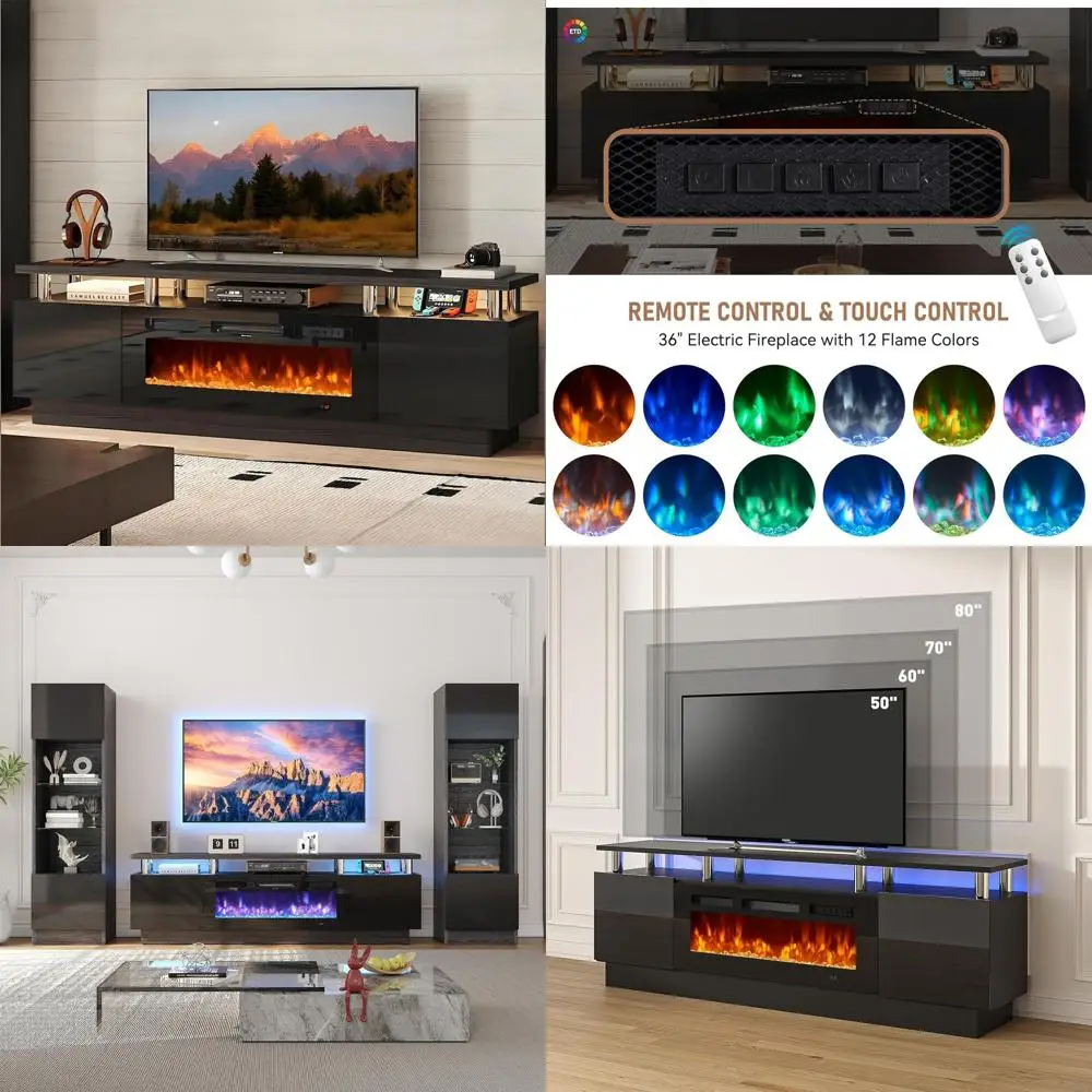 

Тумба под телевизор 70 дюймов, развлекательный центр и электрический камин 36 дюймов с пультом ДУ, LED-подсветкой, для телевизоров до 80 дюймов, черный