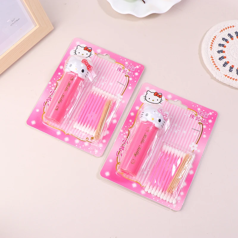 Sanrio Cute Kawaii Hello Kitty Storage Box Cotton Swab Toothpick Bottle Set Anime Portable Travel Mini Container Girls Gift