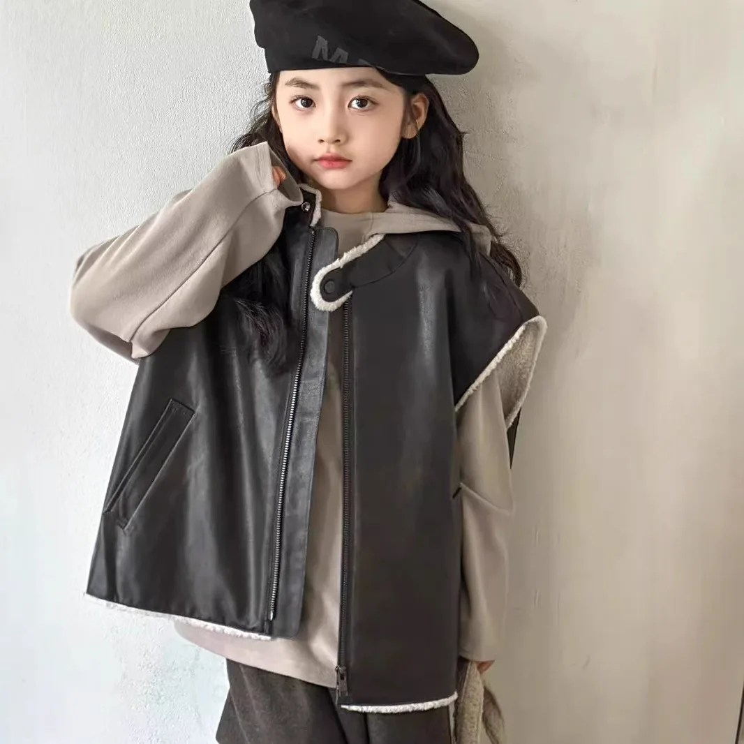 

Girls Vest Coat Cashmere Waistcoat Double-sided Wear New Children Vest Sleeveless Coat Autumn and Winter 2024 Fashion Coat