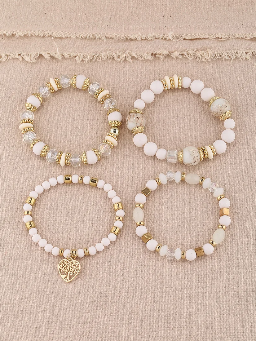 4-teiliges Armband-Set mit Herz- und Lebensbaum-Motiv für Damen, Acryl-Glasperlen, elastische Armkette, modischer Party-Schmuck für Frauen – Detail 2
