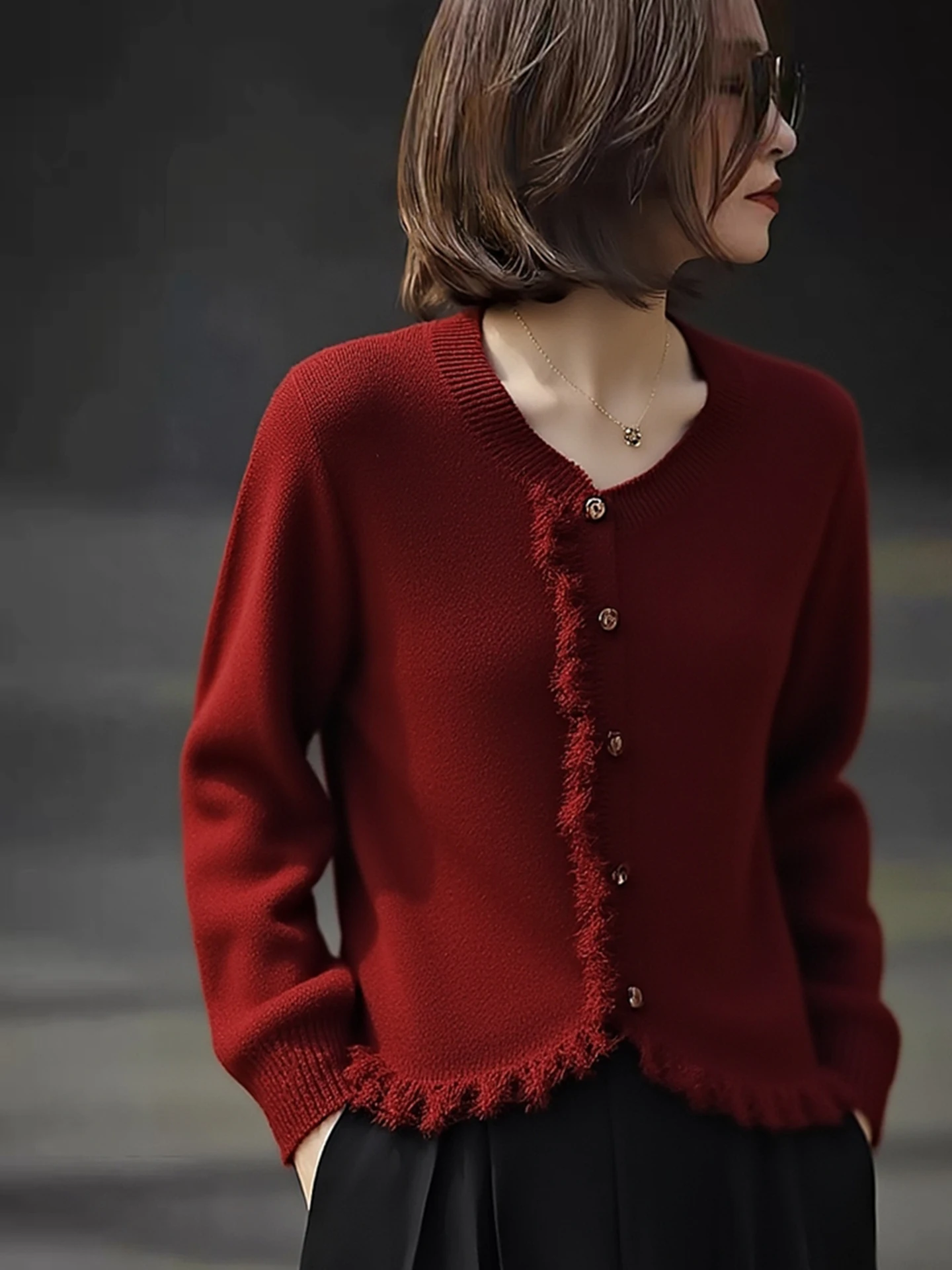 

Ladies Thiened Long Sve round Ne Knitted Sweater Cherry Red Cisas Sle Winter Faion Casual Loose Fit Knitwear